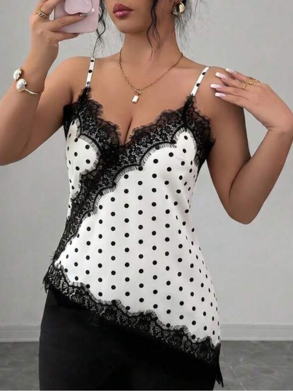Lace Trim Satin Cami Top - White and Black Polka Dots
